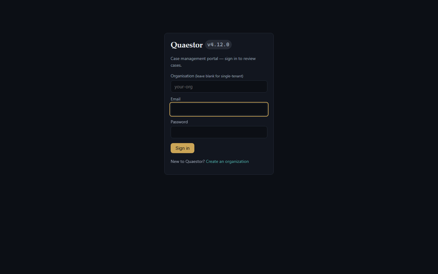The Quaestor sign-in screen with organisation, email and password fields