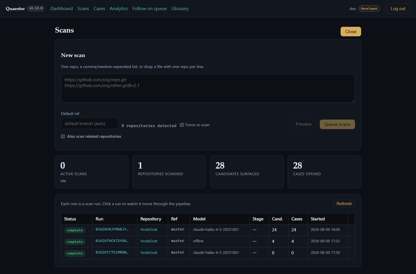 The New scan form with a repository URL, plus the run history table below it