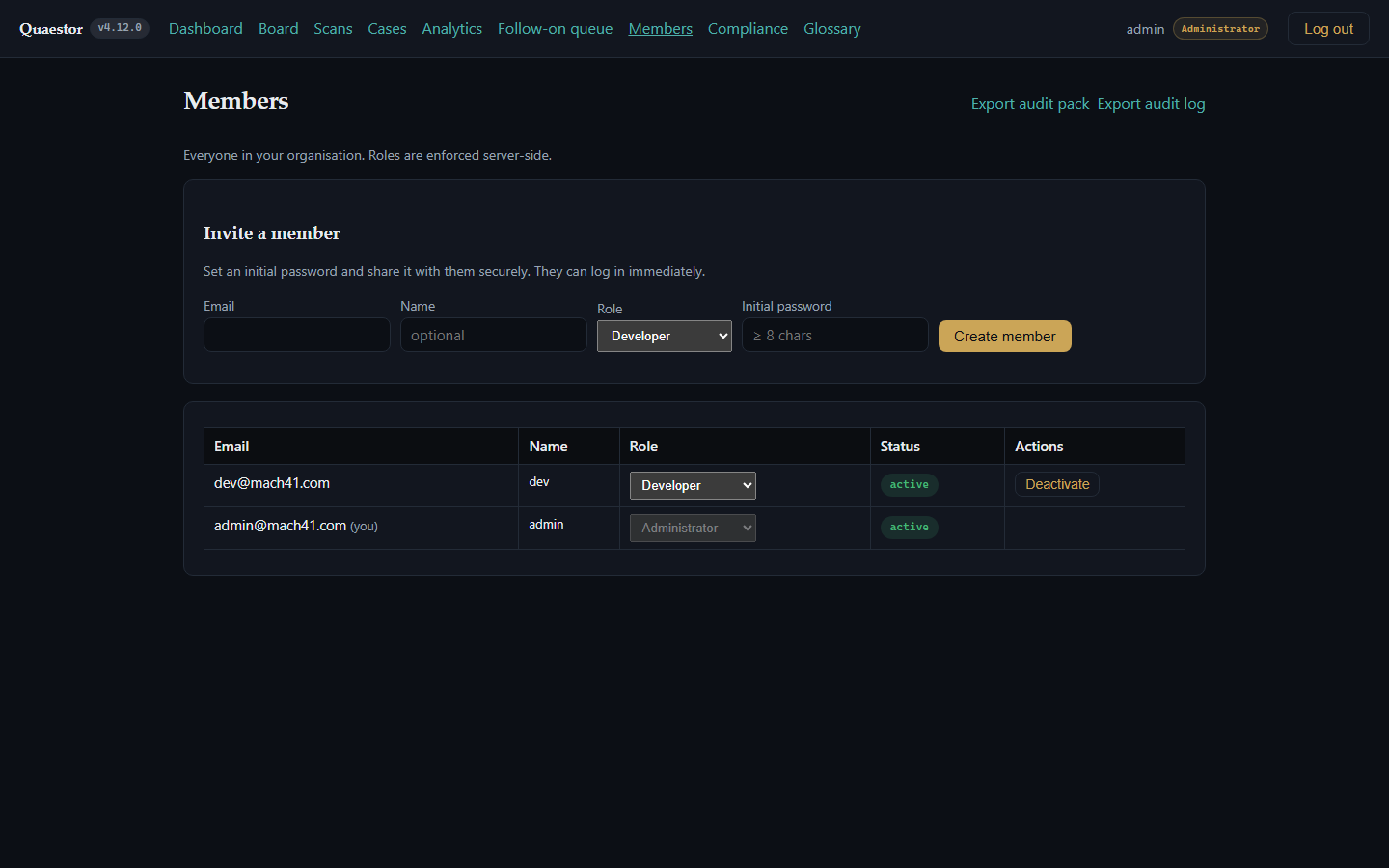 The Members admin view for inviting users and assigning roles