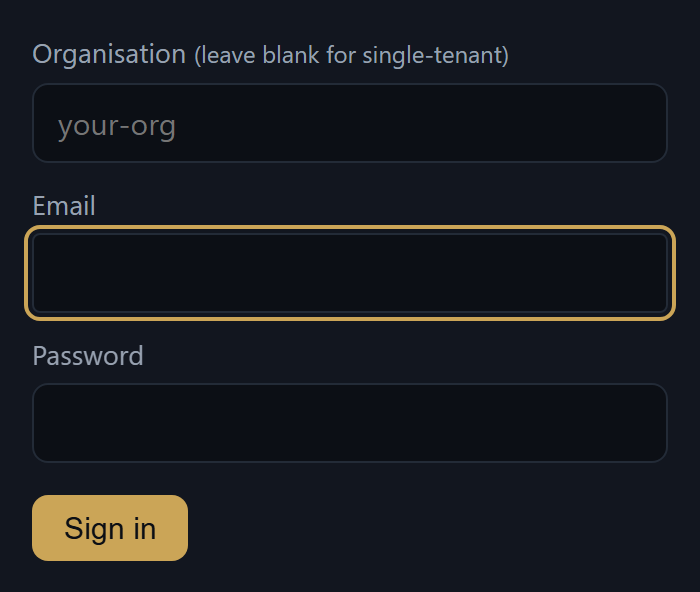 The Quaestor sign-in form — organisation, email, password