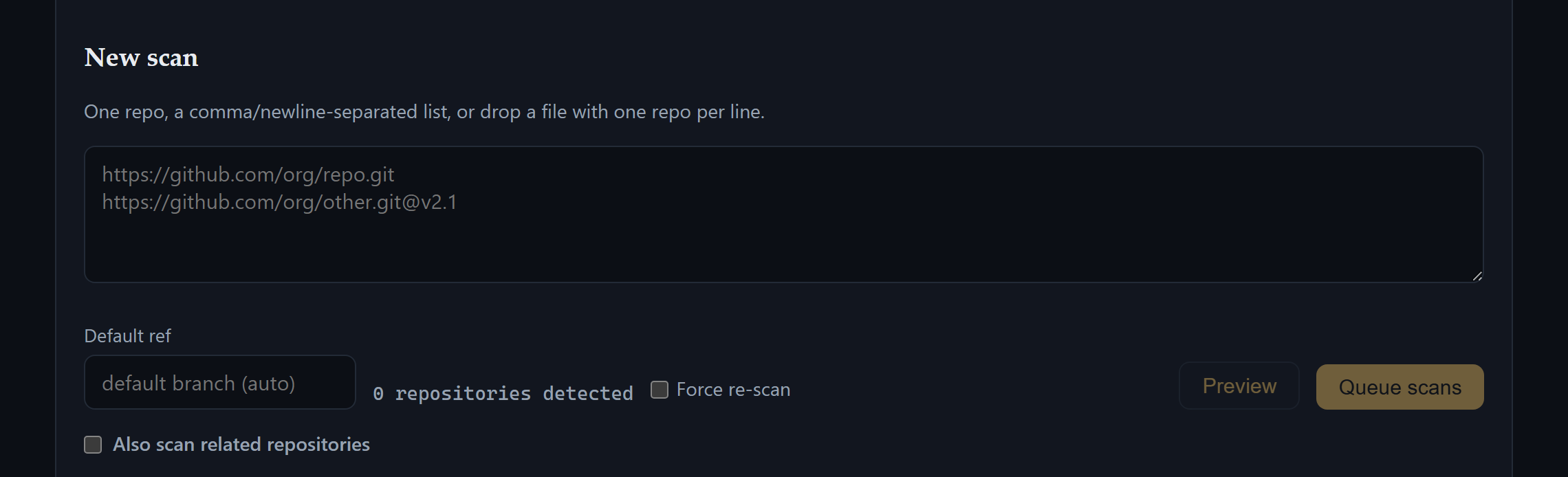 The New-scan form — paste a repo URL, choose a ref, and 'Also scan related repositories'